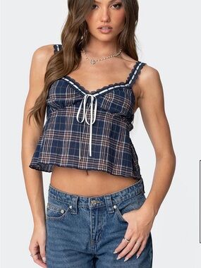 Navy Plaid Tie-Front Cropped Cami Top - Women